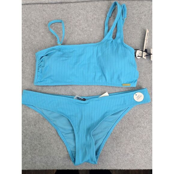 WallFlower Blue Ribbed Bikini Top‎ and Cheeky Bottoms Set UPF 50+, Womens size M - Picture 1 of 8
